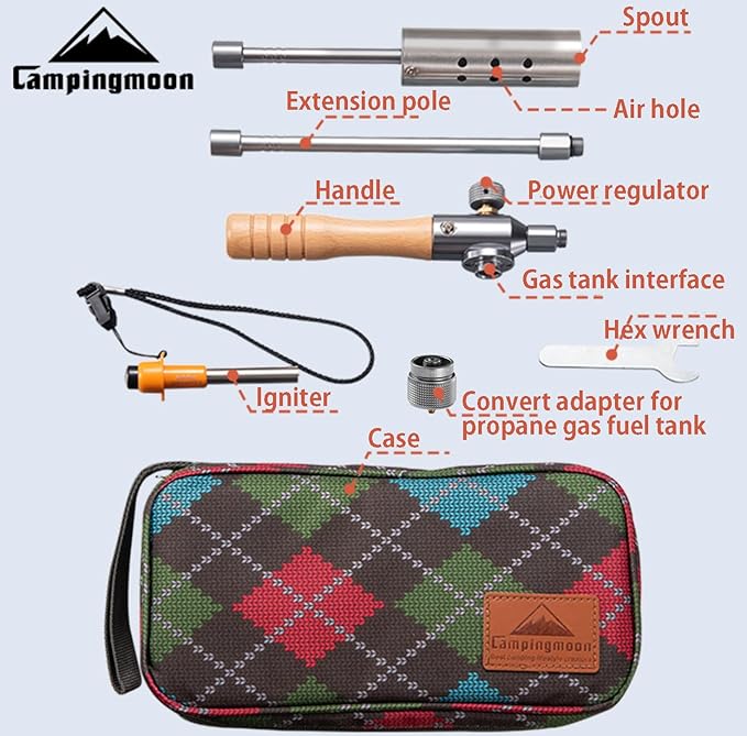 CAMPINGMOON Camping Grill Torch Dual Fuel Head Flame Adjustable for Charcoal Starter with Storage