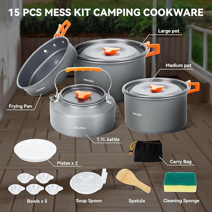 Onlyfire 15pcs Camping Cookware Mess Kit, Non-Stick Lightweight Pot Pan Kettle Set with Plates