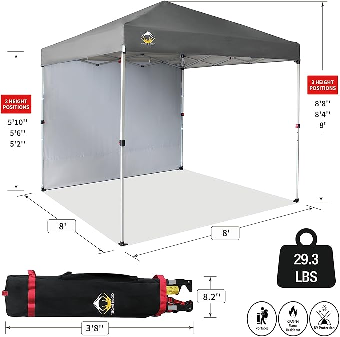 CROWN SHADES 8x8 Pop Up Canopy with 1 Side Wall - Beach Tent with One Push Setup - Outdoor Sun