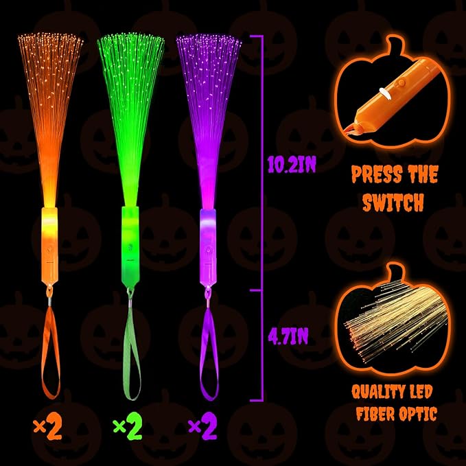 Halloween Glow Sticks Toys Gifts for Kids-6 Pack, Light Up Fiber Optic Wand for Toddlers, Fun