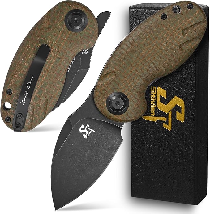 Sitivien ST153 Pocket Folding Knife,Sandvik 14C28N Black Stonewashed Blade with Micarta