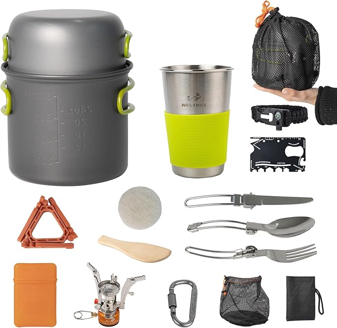 Camping Cookware Mess Kit, 16 pcs Backpacking Cooking Set, Lightweight Camping Pots and Stove Set