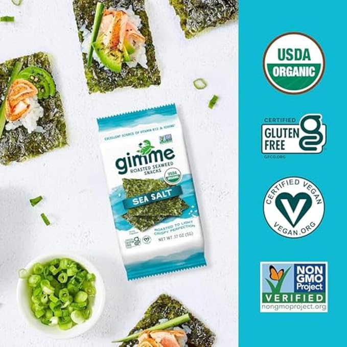 Gimme Seaweed Organic Premium Roasted Seaweed Snacks, Sea Salt, 6 Count, Keto, Vegan, Gluten-Free