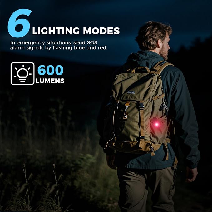 Rechargeable EDC Flashlight, 600 Lumens Dual LED Sources Mini Clip-on Light with Red & Blue Light