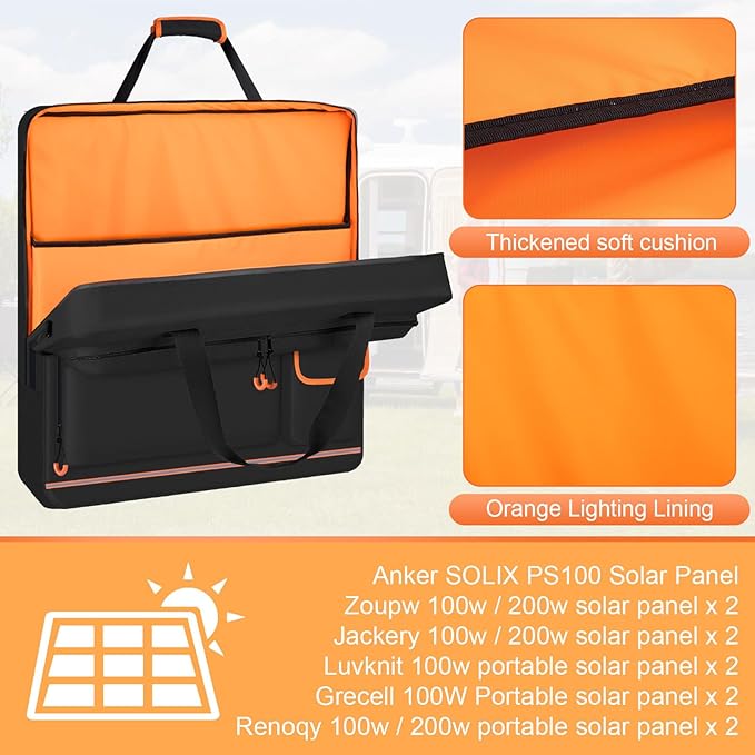 Solar Panel Storage Bag with Orange Lining, Deepened Opening, Zipper with Pull and Multi-Accessory
