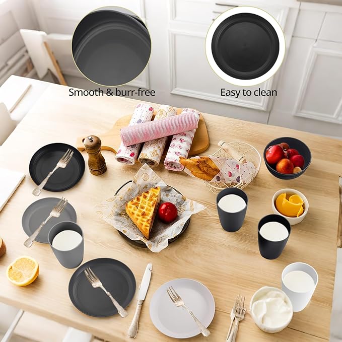 Plastic Camping Plates and Bowls Set, 12pcs Unbreakable Camping Dinner Set for 4, Reusable