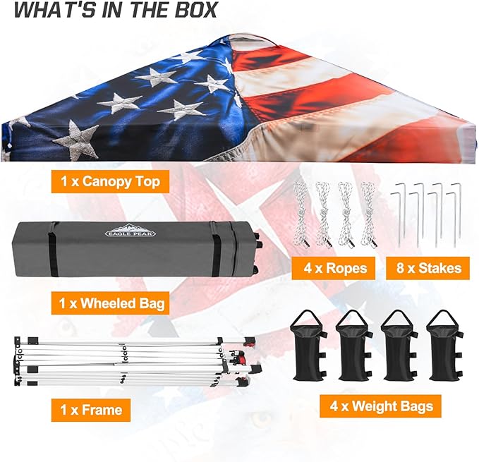 EAGLE PEAK Pop Up Canopy Tent with Wheeled Carry Bag, 8 Stakes, 4 Ropes, 4 Weight Bags, Easy Set Up