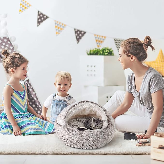 CATISM Plush Hooded Cat Bed, Calming Nest, Self-Warming Cave, Cozy Pod for Indoor Cats or Small