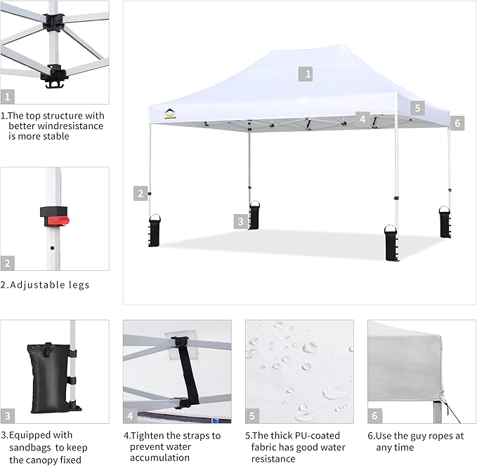 CROWN SHADES 10x15 Pop Up Canopy Tent, Thicken Frame Commercial Heavy Duty Tent, 8 Stakes & 4