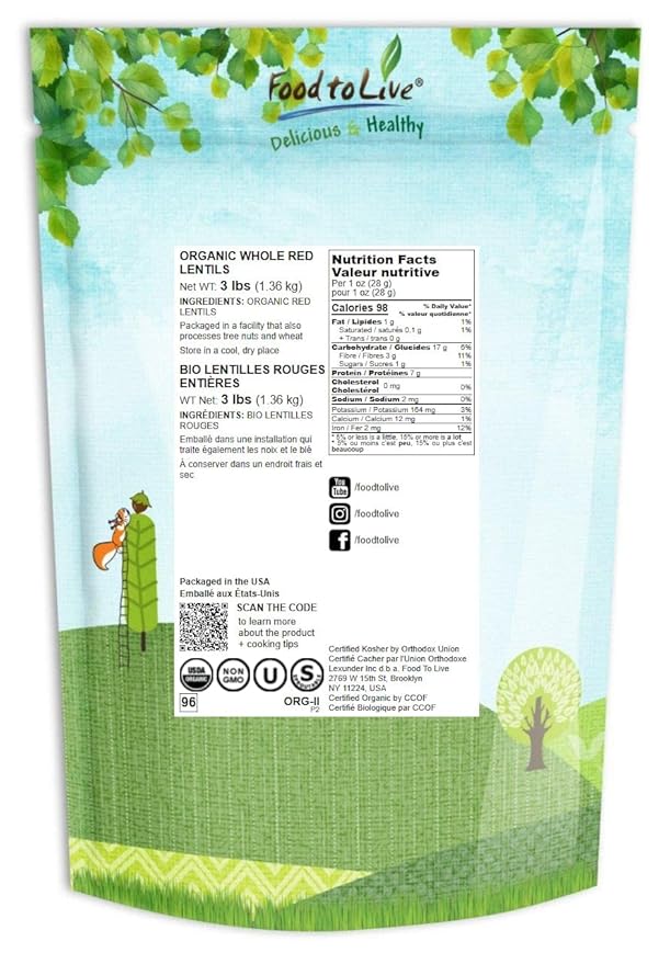 Food to Live Organic Whole Red Lentils, 3 Pounds Non-GMO, Dry Raw Lentils, Sproutable, Vegan