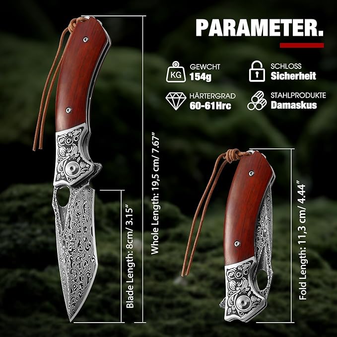 Damascus Steel Folding Pocket Knife with VG10 Core, Wooden Handle & Leather Sheath, Outdoor Knife