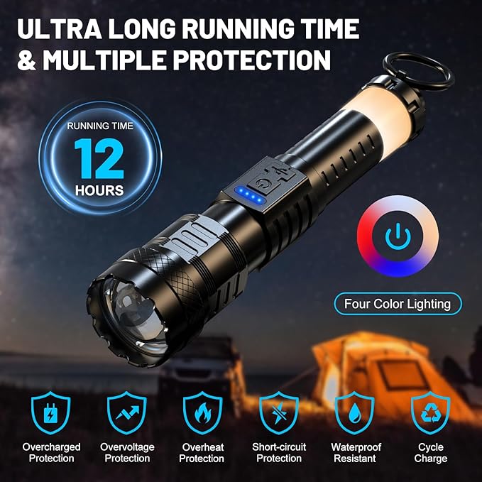 Rechargeable Flashlight High Lumens - 3000 Lumens Waterproof Police Flashlight, Zoomable Beam LED
