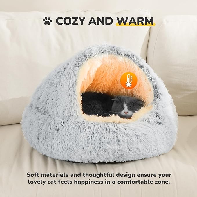 CATISM Cozy Plush Hooded Cat Bed, Indoor/Outdoor, Self-Warming Cave, Removable Washable Non-Slip