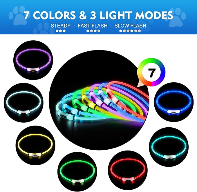 Lighted Dog Collar, Rechargeable 7 Colors Changing Light Up Dog Collar, IP67 Waterproof LED Collar