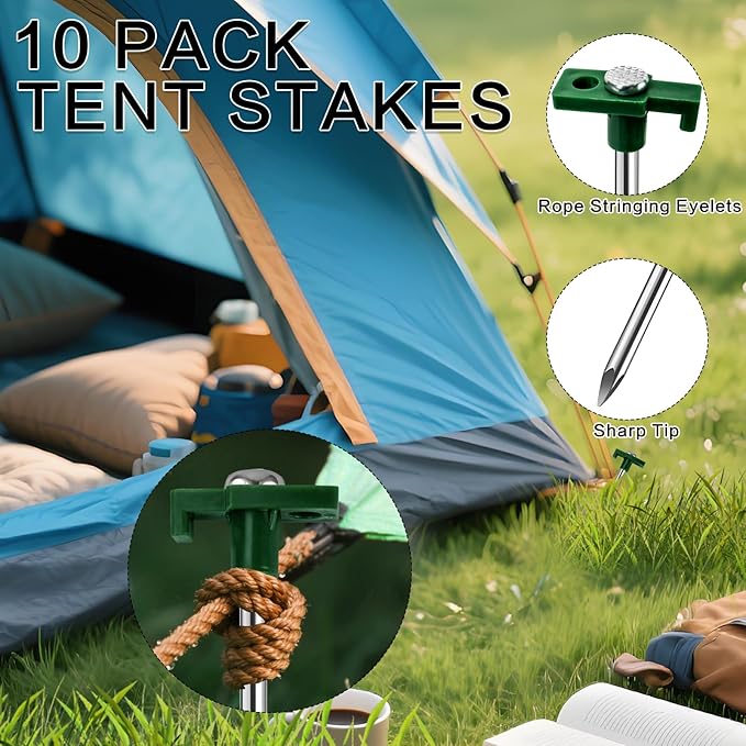 10 Pack Tent Stakes - 9.75 Inch Galvanized Non-Rust Ground Stakes Heavy Duty Canopy Anchors Metal