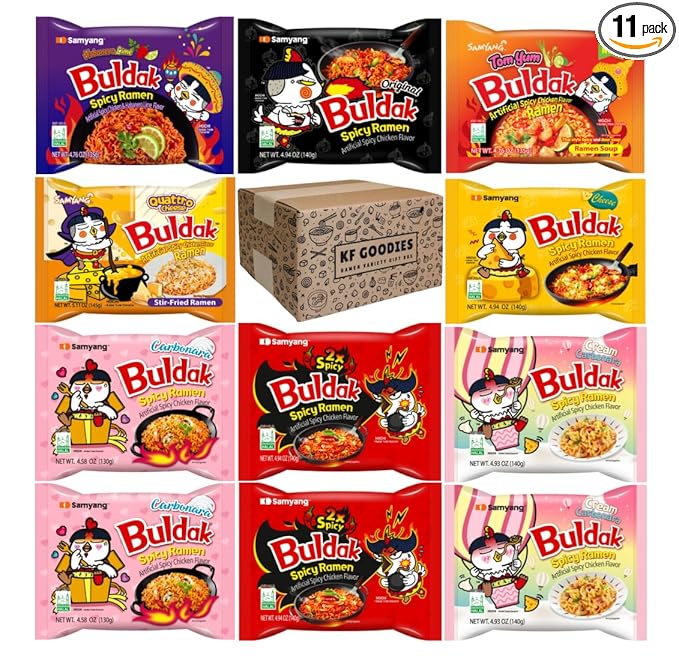 KF GOODIES Korean Ramen Variety Pack Gift Box (11 Count) – Spicy Buldak Noodle Assortment for