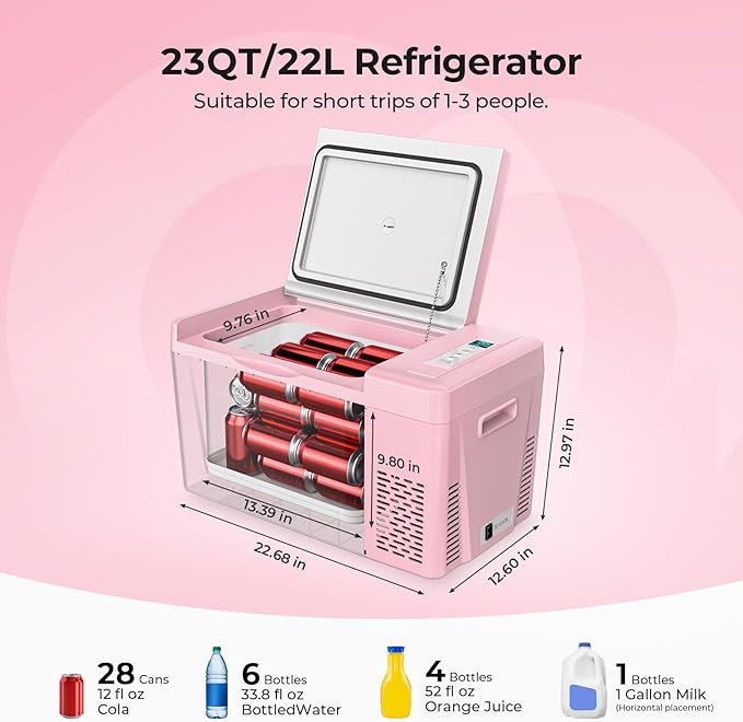 BougeRV Pink 23Quart Portable Refrigerator, 12 Volt Fridge 22L, Portable Freezer Compressor Cooler