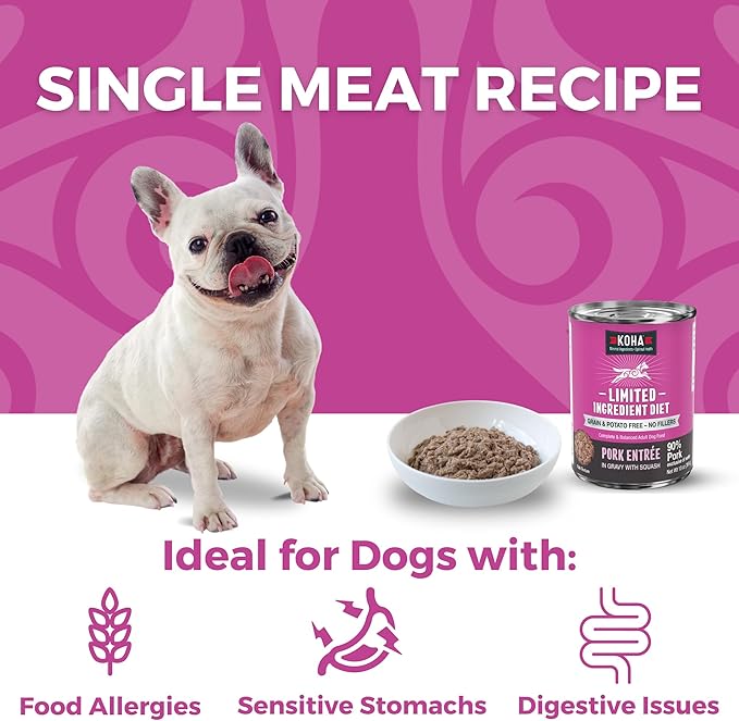 KOHA Limited Ingredient Diet Pork Entrée for Dogs- Sensitive Stomach Canned Dog Food - High