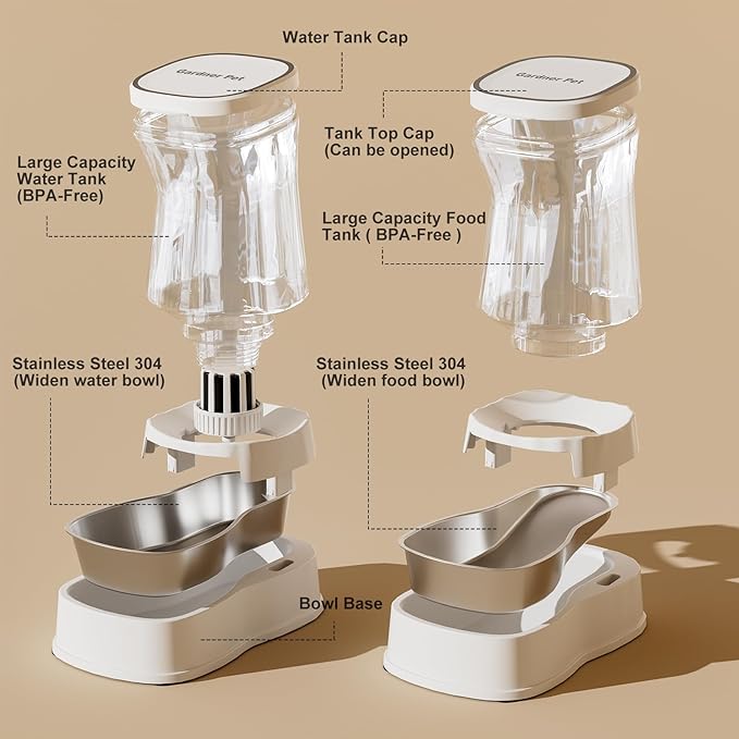 Automatic Pets Gravity Feeder and Water Dispenser Set, 1Gallon x 2 Stainless Steel Food Feeder and