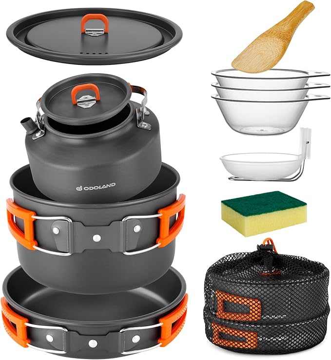 Odoland 10pcs Camping Cookware Camping Pots and Pans Set with Kettle Plastic Bowls and Soup Spoon