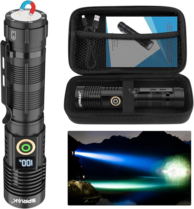 Rechargeable Flashlight High Lumens-Super Bright Magnetic Flash Light with Power Digital Display