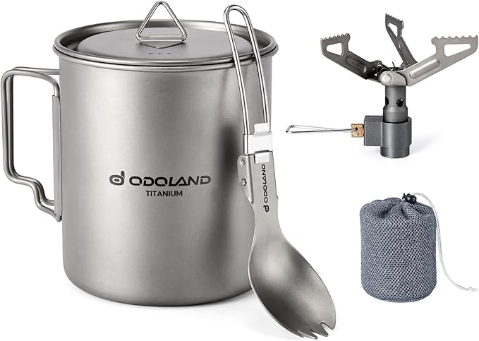 Odoland Titanium Camping Cookware 750ML Titanium Pot with Camping Stove and Spork Portable Pot for