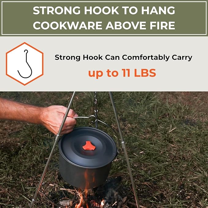 Tactiko Survival Campfire Cooking Tripod ??33" Stainless Steel Folding Stand with Adjustable Chain