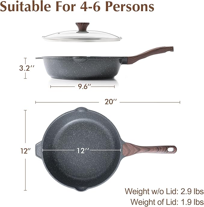 SENSARTE Nonstick Deep Frying Pan Skillet, 12-inch Saute Pan with Lid, Stay-cool Handle, Chef Pan
