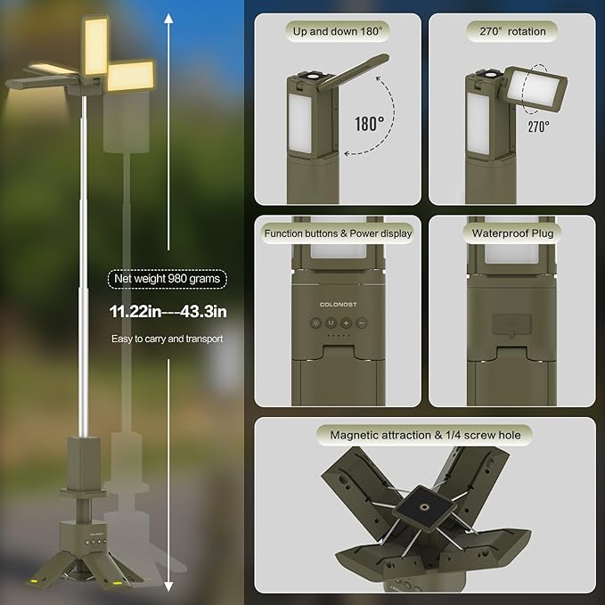 Wireless Magnetic Camping Light with Telescoping Pole (285-1100mm) - 3 Mode Dimmable LED, 14000mAh