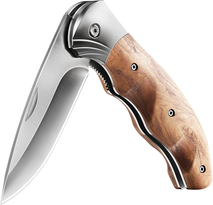 Grand Way Pocket Knife for Men with Wood Handle, Liner lock - Folding Sharp Blade 3.54" - Cool