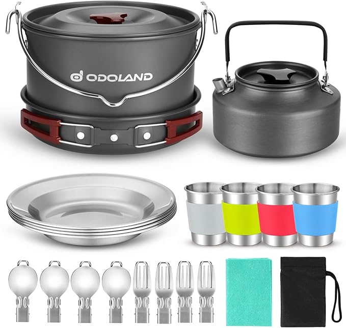 Odoland 22pcs Camping Cookware Mess Kit, Large Size Hanging Pot Pan Kettle with Base Cook Set for