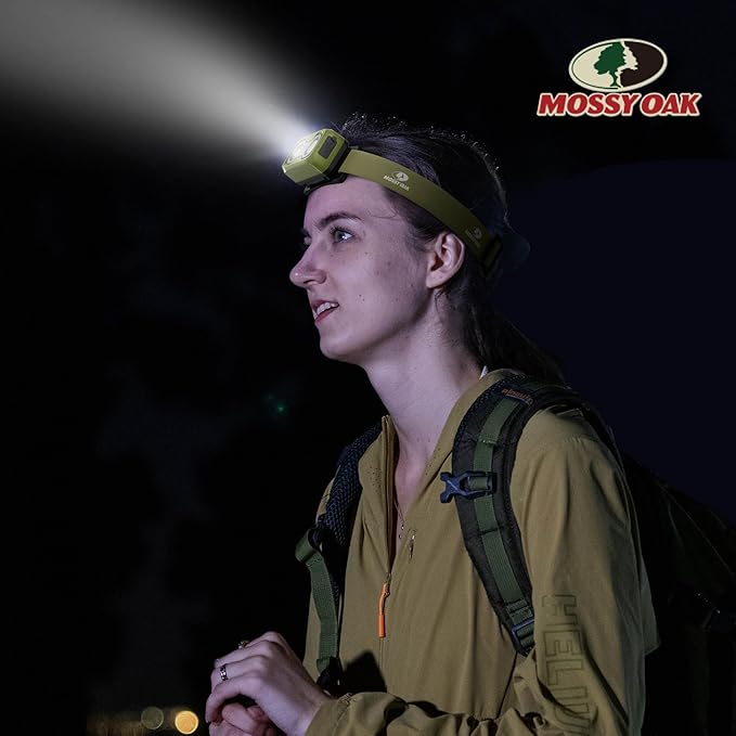 Mossy Oak 600 Lumens Rechargeable Headlamp, Lightweight LED Headlight with White & Red Light
