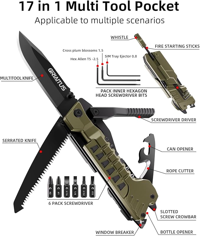 Multitool Knife, 17 in 1 Pocket Knife with Screwdriver, Fire Starter Sticks, Bottle Opener, Saw