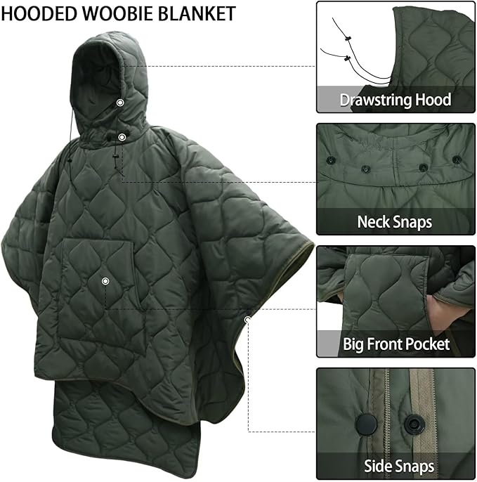 Poncho Liner Hoodie with Pocket Insulated Military Sleeping Bag Waterproof for Outdoor Camping