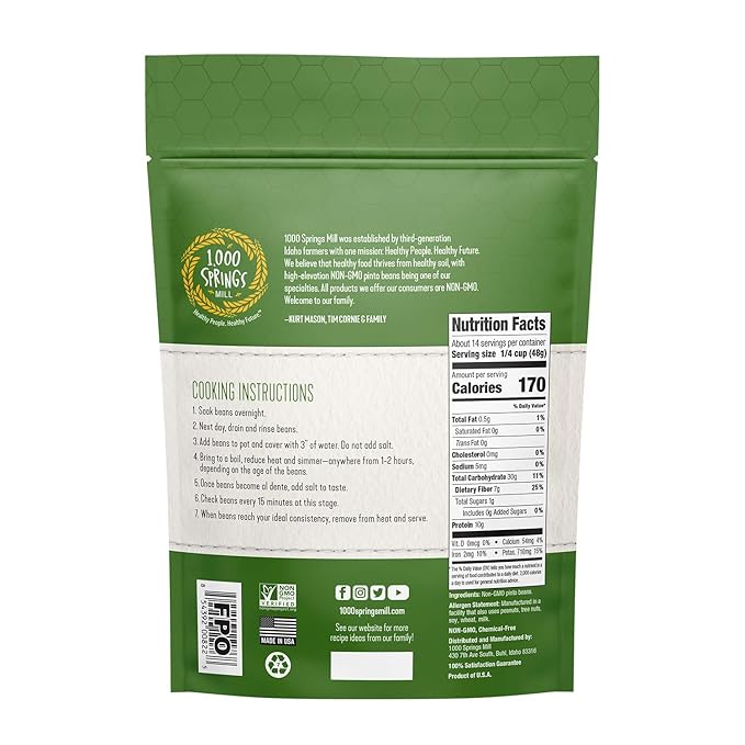 1000 Springs Mill Dry Pinto Beans - Non-GMO, Vegan-Friendly Bulk Pinto Beans with Resealable Bag