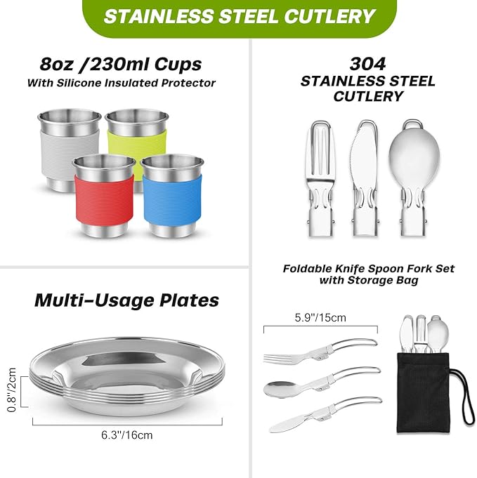 Odoland 29pcs Camping Cookware Mess Kit, Non-Stick Lightweight Pots Pan Kettle, Collapsible Water