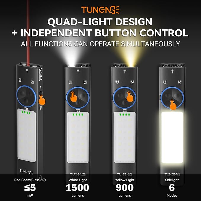 YC8005 2000 Lumen EDC Flat Flashlight Rechargeable with Red Beam, UV, Yellow and White Light LED