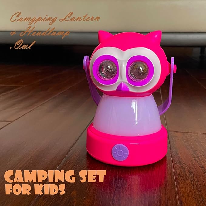 Kids Owl Lantern & Headlamp Set, 2-in-1 360° LED Camping Night Light, Battery Powered 3×AA