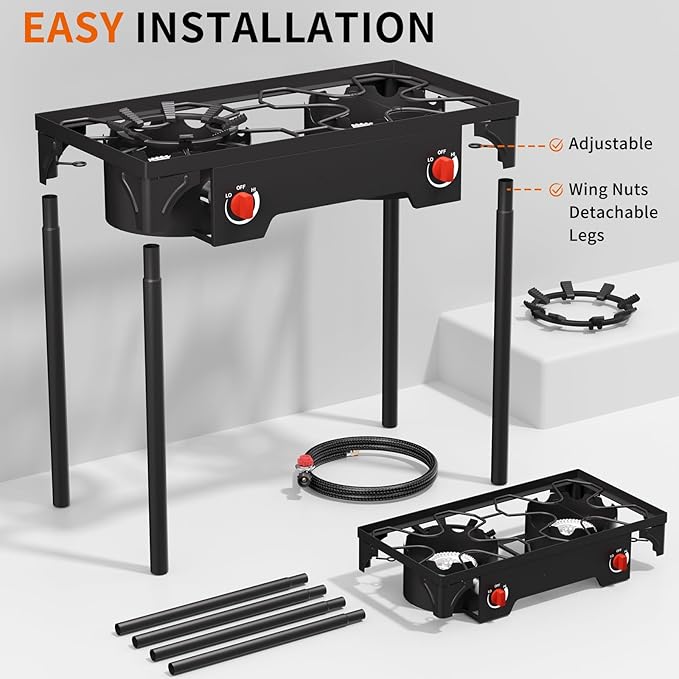 SKOK 2 Burner Propane Stove - Portable Camping Stove with 150,000BTU High Efficiency Propane