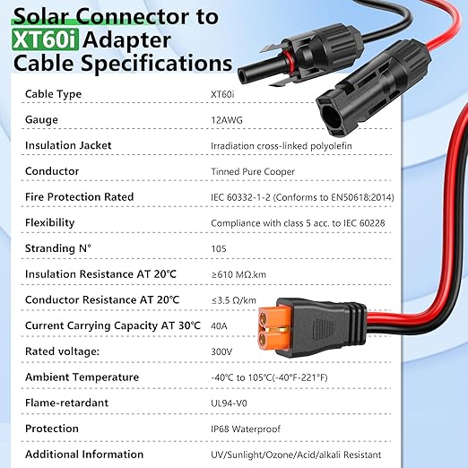 Solar to XT60i Extension Cable 12AWG 50FT XT60i Female to Male Connector for RV Foldable Solar