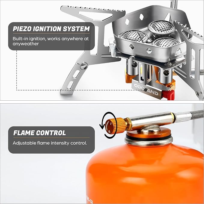 Odoland 3500W/6800W Windproof Camp Stove Camping Gas Stove with Windscreen, Fuel Canister Adapter