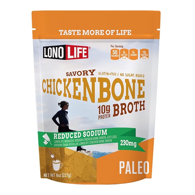 LonoLife Reduced Sodium Chicken Bone Broth Powder Mix | 10g Protein | Collagen-Rich, Keto & Paleo