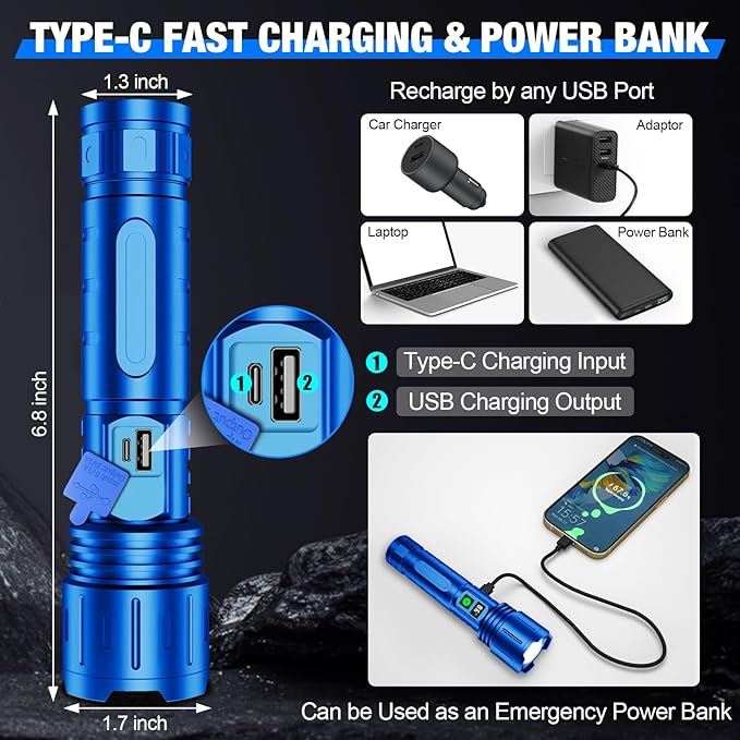 Flashlights High Lumens Rechargeable, Super Bright LED Powerful Flashlight, Type-C, 5 Modes