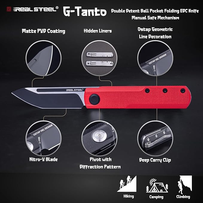 REALSTEEL G-Tanto Pocket Knife,Folding Knives,2.6" Nitro-V Blade,Double Detent Ball Slipjoint