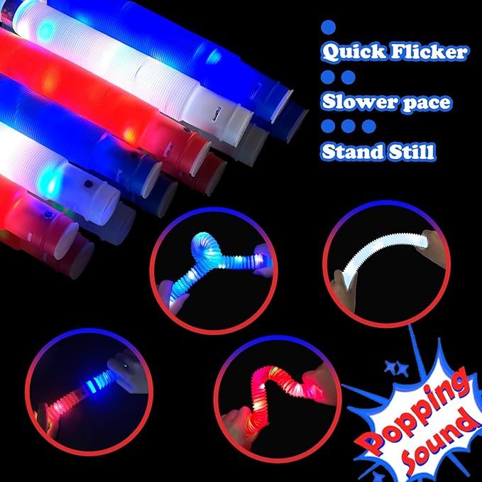 Red White Blue Glow Sticks 12 PCS, American Usa Flag Accessories Light up Bracelets Necklaces for