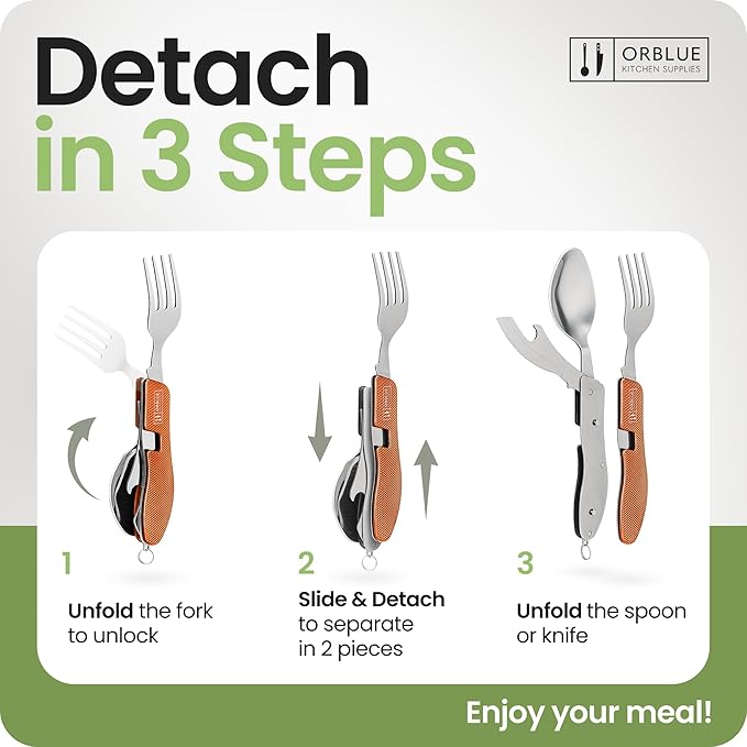 Orblue 4-in-1 Camping Eating Utensils, 2-Pack - Portable Spoon, Fork, Knife & Bottle Opener Combo