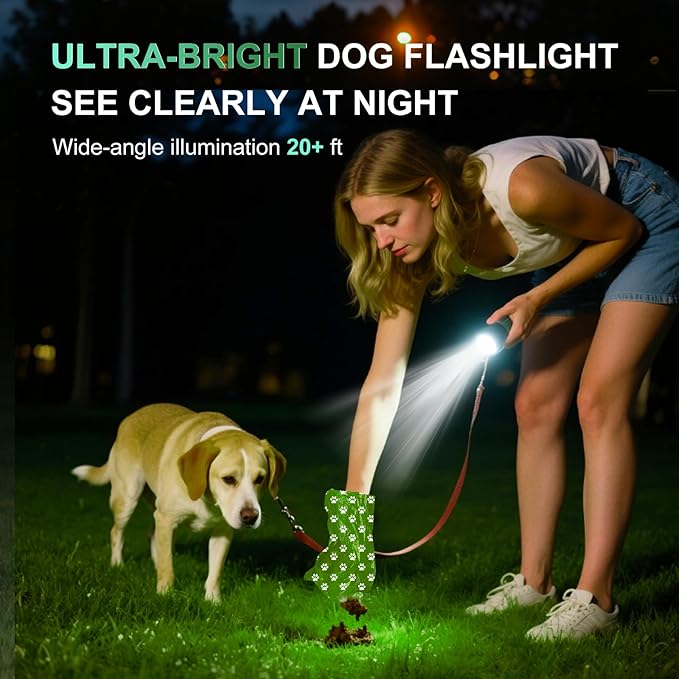 3-in-1 Dog Poop Bag Holder with Flashlight 7-Color, USB-C Rechargeable doggie bag holder for leash