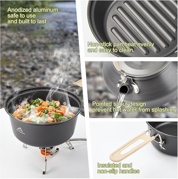 17pcs Camping Cookware Kit, 0.45Gal Pot, 7inches Pan,0.30Gal Kettle Set with 2 Set Stainless Steel