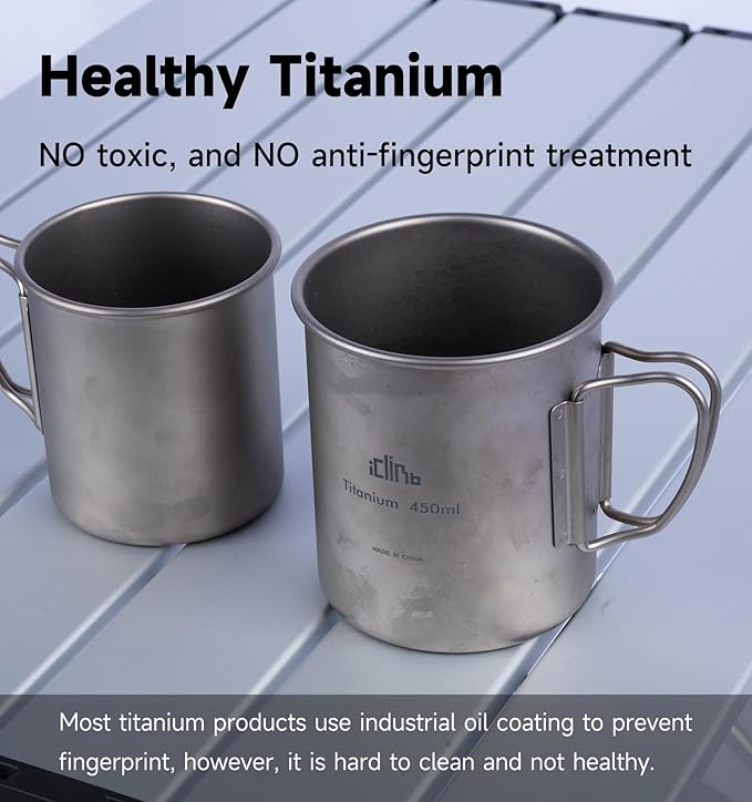iClimb Titanium Cup Camping Coffee Mug Ultralight Compact with Foldable Handle (200ml)