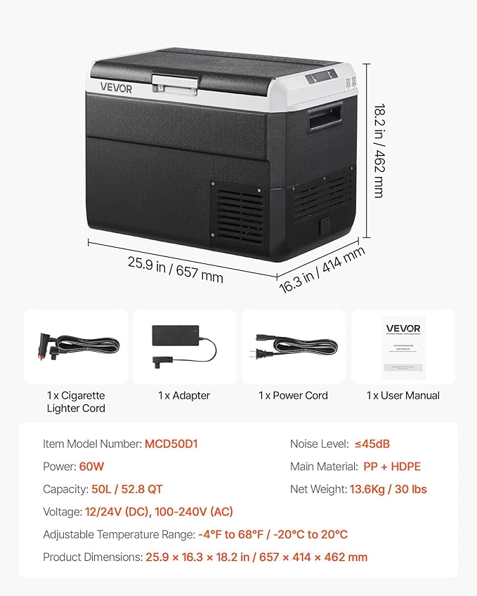 VEVOR 12 Volt Car Refrigerator, 52.8QT/50L Car Fridge, Portable Electric Cooler with -4℉~68℉